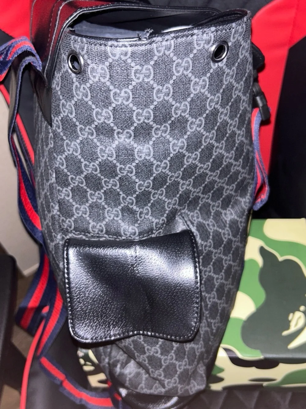 Gucci Gray GG Supreme Canvas Backpack with Red and Blue Web Straps
